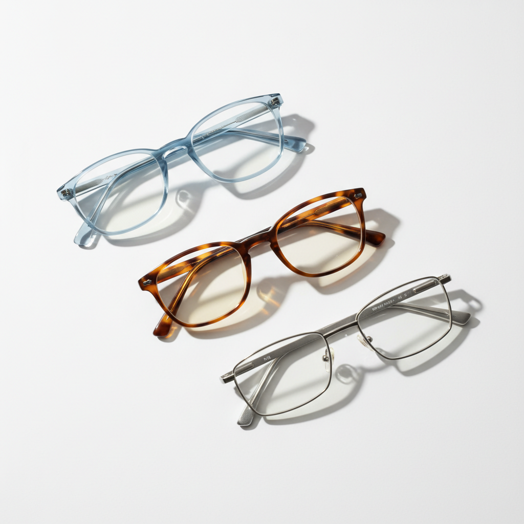 A minimalist still life of three distinct eyeglass frames arranged diagonally on a seamless white background: a transparent acetate pair with a faint icy-blue tint, a classic warm tortoiseshell frame with soft curves, and a brushed silver rectangular metal frame. Soft diffused studio lighting from the left creates gentle gradients across the materials, with delicate shadows falling to the right, emphasizing each frame’s contours and textures. Captured from a top-down, bird’s-eye perspective in photographic realism, the composition follows a clean, balanced layout that feels refined and contemporary. The atmosphere is calm, professional, and design-focused, ideal for illustrating style variety and curated optical selections for a premium eyewear brand.