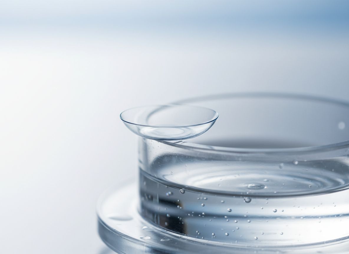 A close-up of a single, ultra-thin daily contact lens resting delicately on the edge of a clear glass lens case lid, filled halfway with pristine solution. The transparent lens catches soft studio lighting, creating a faint rim of light around its curve and tiny reflections on the liquid surface. The background features a blurred gradient of cool whites and pale blues, suggesting a sterile, clinical environment. Captured in photographic realism with a macro lens and very shallow depth of field, every subtle detail of the lens edge and slight ripples in the solution are visible, conveying precision, hygiene, and advanced optical technology in a calm, professional mood.